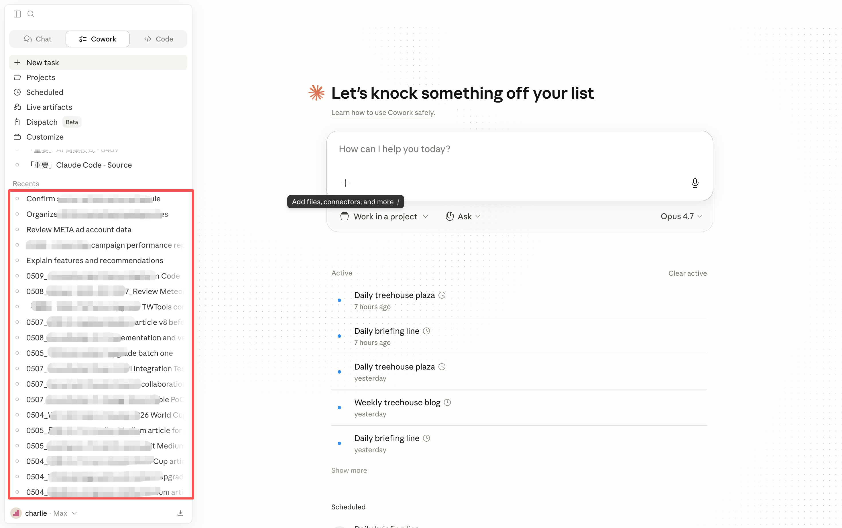 Cowork multi-project switcher showing several active projects