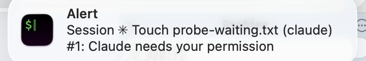 macOS 桌面通知，標題寫著 Alert，內文顯示某個 Claude Code 分頁需要權限