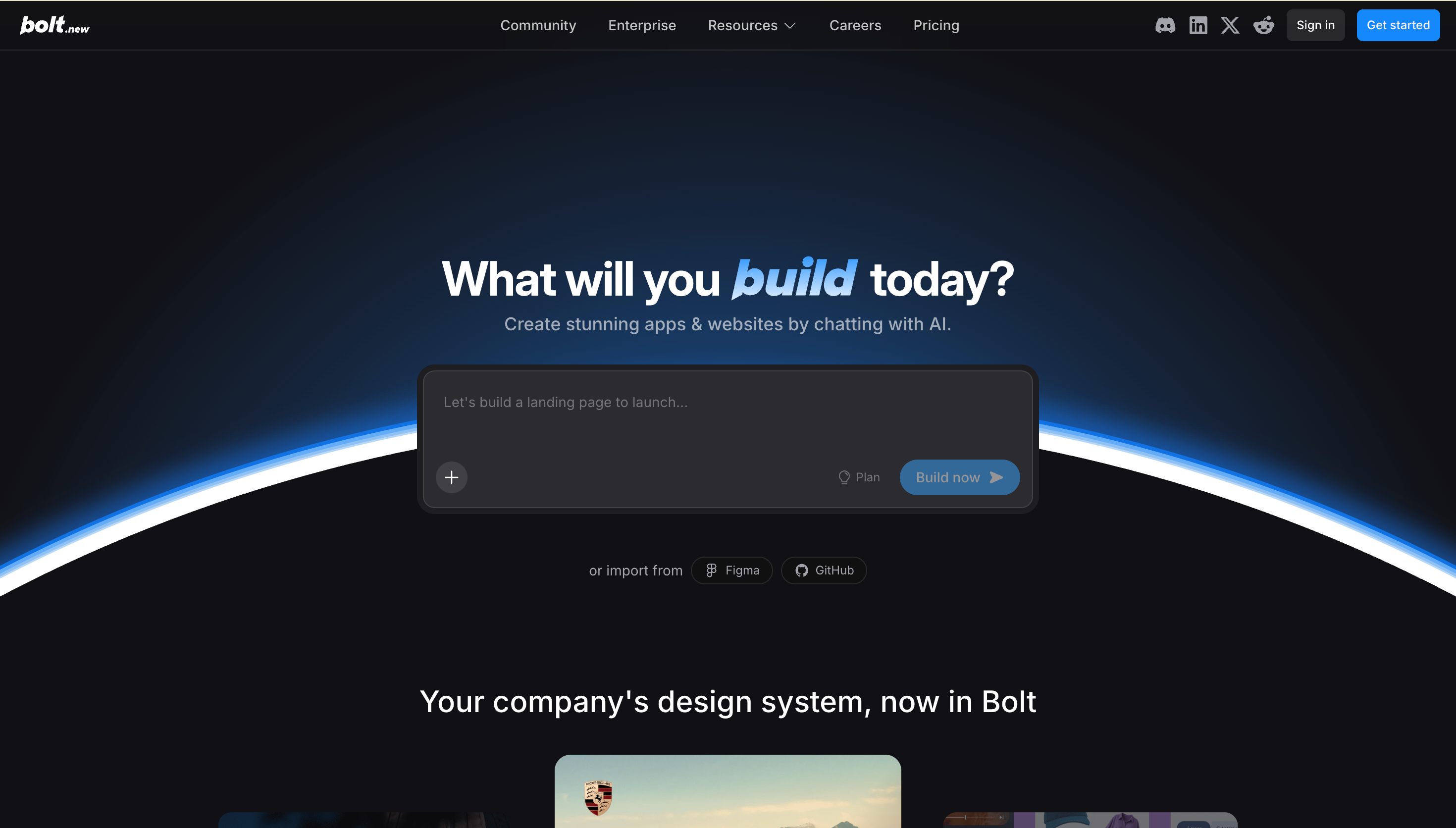 Bolt.new browser-based AI app builder with prompt input and live preview